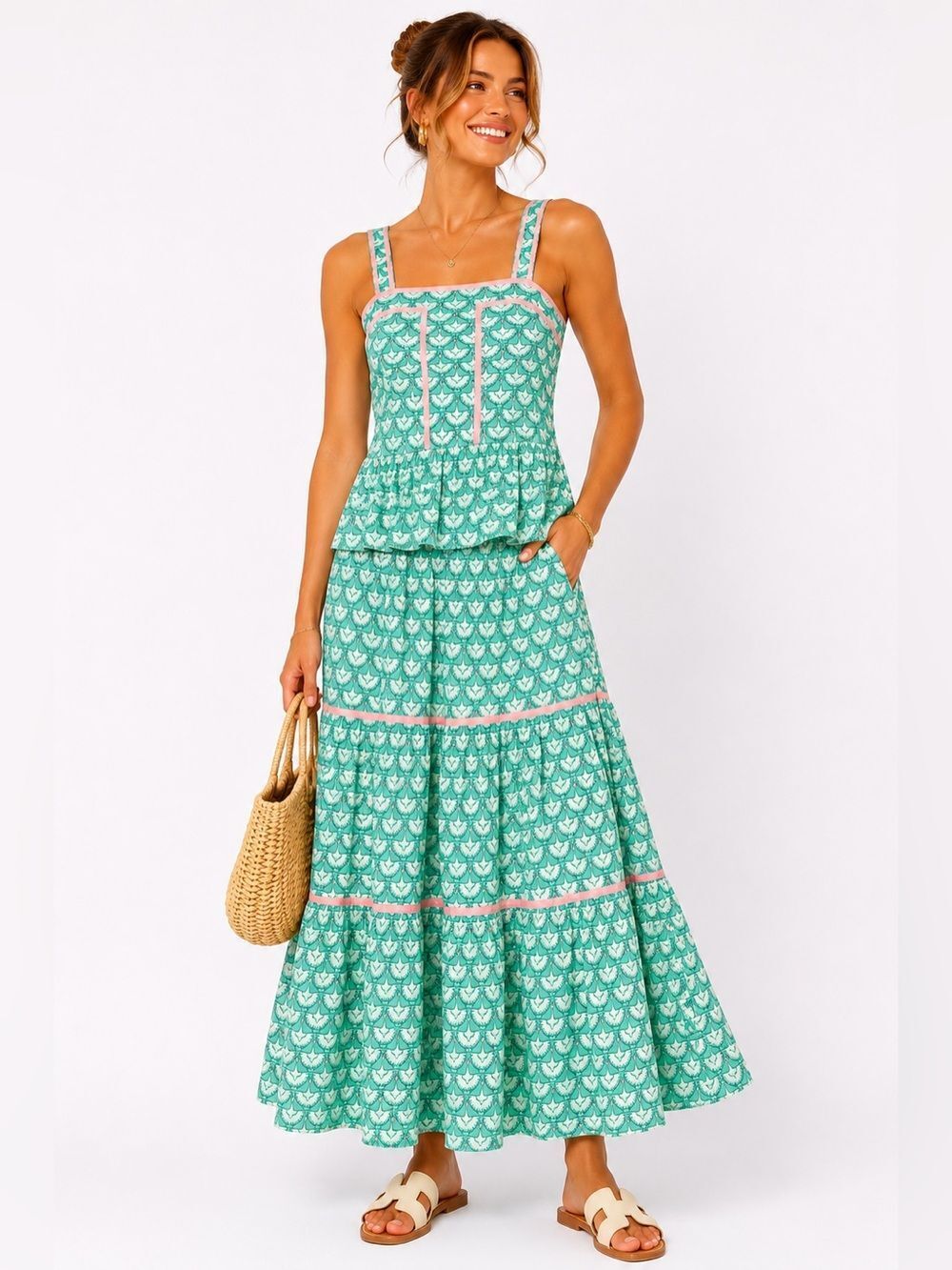 NWT 🌺Elle Gray Green Crane Print Matching Set Peplum Top Tiered Maxi Boho Skirt